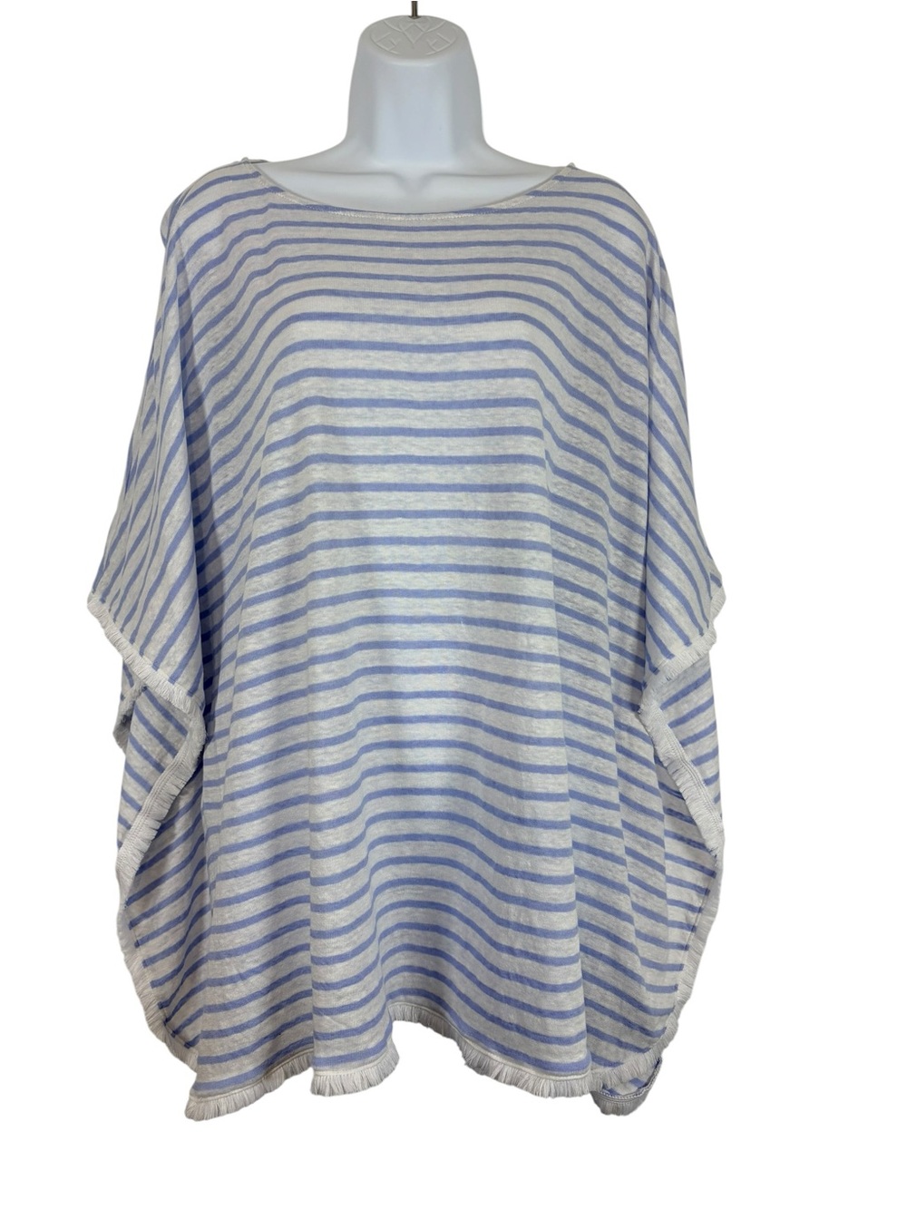 J. Jill Blue White Striped Linen Poncho Top XL Fringe Trim Oversized Coastal